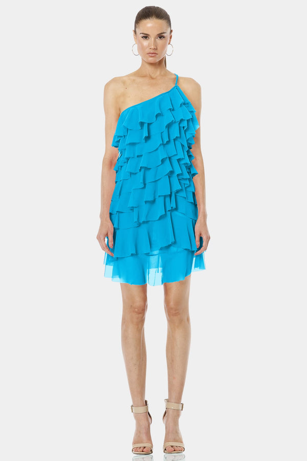 Starlight Turquoise Ruffle Mini Dress With One Shoulder
