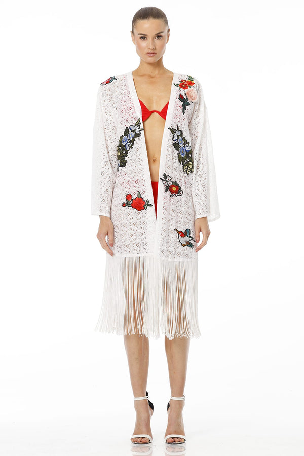 Long Fringed White Cover Up With Full Sleeves