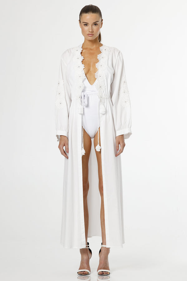 Philomela Sophisticated White Sleeveless Swim Dress With 3D Applique