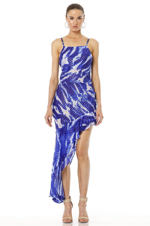 Nafsika Blue Animal Printed Sleeveless Asymmetrical Midi Dress
