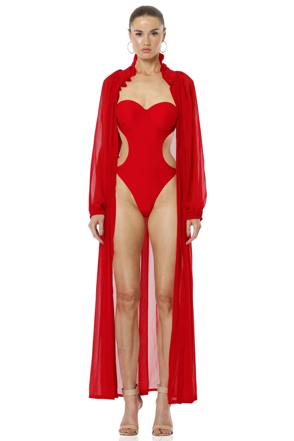 Kamini Red Sexy Strapless Designer Swimsuit With Long Cover Up