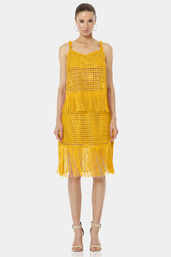 Mustard Yellow Glamorous Fringe Sequin Dress